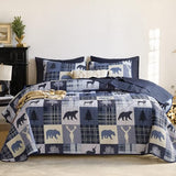 Wake In Cloud - Rustic Quilt Set, Cabin Lodge Christmas Bear Moose Deer Wildlife Western Patchwork Country, Reversible Lightweight Bedspread Coverlet, 3 Pieces, Blue Beige, King Size Wake In Cloud