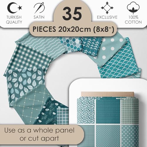 Cotton Satin Patchwork Fabric Panel – 35 Designs, 20×20 cm Squares, Single Piece 150×110 cm, Green Patchwork Quilt Fabric (Turquoise Waves Patchwork Set, 35pcs 8x8 inch) Fabricstown