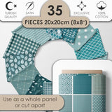 Cotton Satin Patchwork Fabric Panel – 35 Designs, 20×20 cm Squares, Single Piece 150×110 cm, Green Patchwork Quilt Fabric (Turquoise Waves Patchwork Set, 35pcs 8x8 inch) Fabricstown
