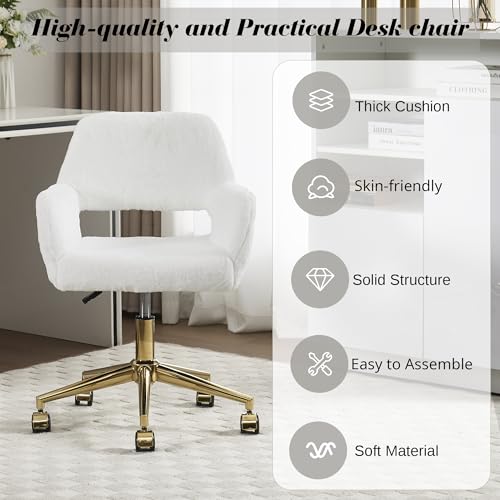 HENGJIANYI Faux Fur Swivel Desk Chair, Modern Fluffy Makeup Vanity Chair, Height Adjustable Armchair with Gold Base, Ergonomic Office Chair with Hollowed Back, White HENGJIANYI