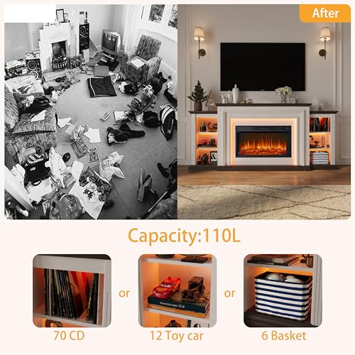 80" LED Electric Fireplace with Mantel, Fireplace TV Stand for 90 Inch TV, Modern Entertainment Center with Storage, Delicate Three-Dimensional Molding with Remote Control for Living Room BOSHIRO