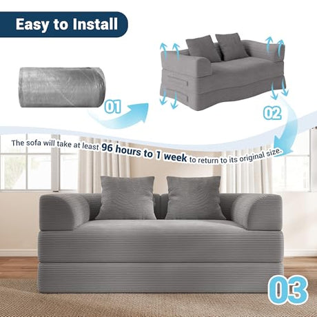 Cloud Boneless Convertible Floor Sofa Bed, 70" 4-in-1 Foldable Compressed Loveseat Lounge Sleeper 2 Seater Couches, High-Density Sponge & Corduroy Fabric Futon Daybed for Living Room Bedroom(Gray) Living&Giving