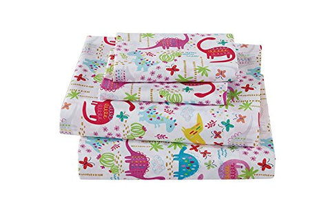 Linen Plus Sheet Set for Girls Dinosaur Pink White Red Purple Yellow Dinosaurs Jurassic Flat Sheet Fitted Sheet and Pillow Cases Queen Size New Linen Plus