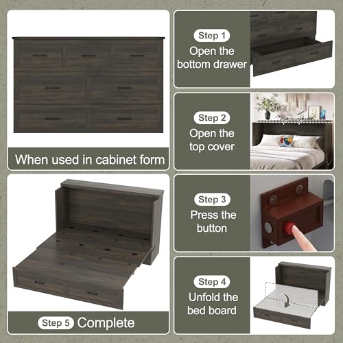Ball & Cast Murphy Bed Queen Size Bed Frame with Charging Station,Murphy Bed Cabinet Foldable Platform Bed w/Large Storage Drawer,can be Folded,Slat Support,No Box Spring Needed,for Apartment,Gray Ball & Cast