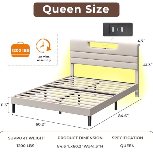 OURPIC Queen Bed Frame with Charging Station and LED Light, Upholstered Bed Frame Queen Size with Headboard, Wood Bedframe No Box Spring Needed, Easy Assembly, Beige OURPIC