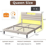 OURPIC Queen Bed Frame with Charging Station and LED Light, Upholstered Bed Frame Queen Size with Headboard, Wood Bedframe No Box Spring Needed, Easy Assembly, Beige OURPIC