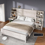 LUXOAK Full Bed Frame with Bookcase Headboard & 4-Tier Bedside Shelf, Farmhouse Platform Bed with Charging Station and 2 Drawers, Noise-Free, No Box Spring Needed, Rustic White LUXOAK