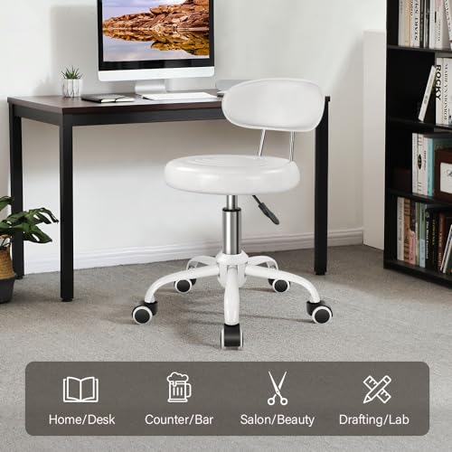 WKWKER Rolling Stool with Wheels Swivel Stool with Back Height Adjustable Chair PU Leather Rolling Chair Ideal for SPA Salon Home Office Drafting Work (White) WKWKER