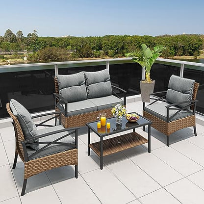 YITAHOME 4-Piece Patio Furniture Wicker Outdoor Bistro Set, All-Weather Rattan Conversation Loveseat Chairs for Backyard, Balcony and Deck with Soft Cushions and Metal Table (Light Brown+Gray - WoodArtSupply