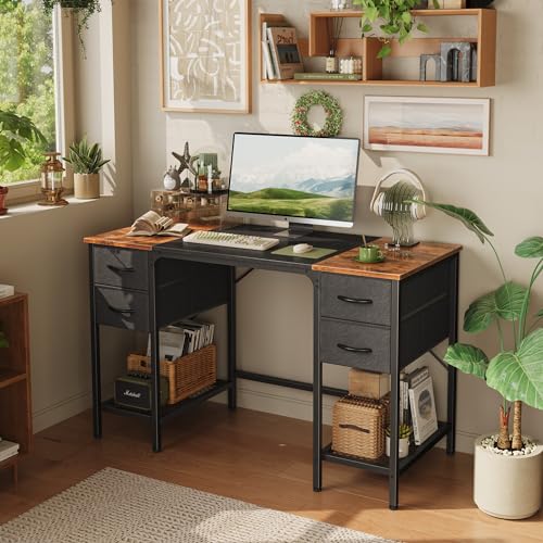 Huuger 47 Inch Computer Desk with 4 Drawers, Office Desk with Mesh Shelf, Gaming Desk, Large Storage, Writing Desk Work Desk for Home Office, Study, Bedroom, Work from Home, Rustic Brown and  - WoodArtSupply