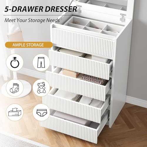 Jocoevol White Dresser 5 Drawer Dresser for Bedroom, Modern Fluted Dresser with Deep Drawers and Mirror, Wooden Dresser Chest of Drawers for Living Room, Hallway, Entryway Jocoevol