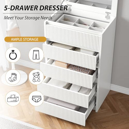 Jocoevol White Dresser 5 Drawer Dresser for Bedroom, Modern Fluted Dresser with Deep Drawers and Mirror, Wooden Dresser Chest of Drawers for Living Room, Hallway, Entryway - WoodArtSupply