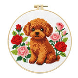 Zhenqing Brown Teddy Bear with Roses Cross Stitch Kit, 11CT Printed 24x24cm for Beginners, Floral Dog Embroidery Set with 20cm Hoop (70783)