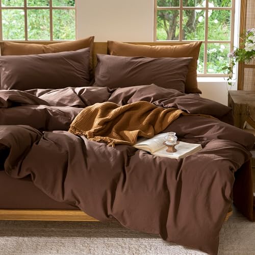 MooMee Bedding Duvet Cover Set 100% Washed Cotton Linen Like Textured Breathable Durable Soft Comfy (Solid Cocoa Brown, King 104"x90") MooMee