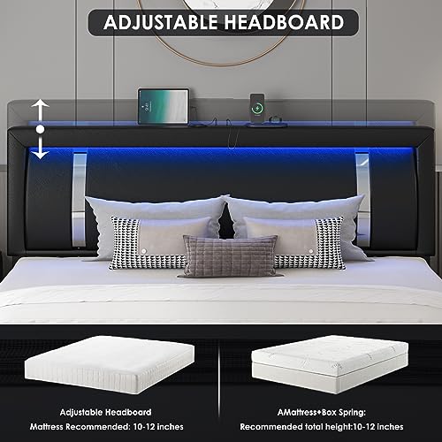 Keyluv Modern King Size Bed Frame with RGB LED Lights, USB Ports & Storage Drawers in Black Keyluv