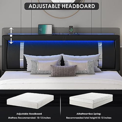 Keyluv Modern King Size Bed Frame with RGB LED Lights, USB Ports & Storage Drawers in Black - WoodArtSupply