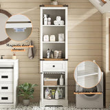 AMERLIFE 68" Tall Farmhouse Slim Storage Cabinet with Adjustable Shelves and Drawer in Antique White & Barnwood AMERLIFE