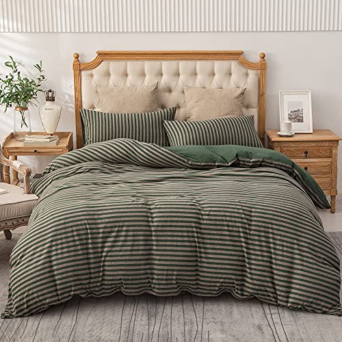 PURE ERA Jersey Knit Duvet Cover Set 100% T-Shirt Heather Cotton Super Soft Comfy Classic Striped Design, with Zipper Closure, Forest Green Stripe, Full PURE ERA