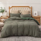 PURE ERA Jersey Knit Duvet Cover Set 100% T-Shirt Heather Cotton Super Soft Comfy Classic Striped Design, with Zipper Closure, Forest Green Stripe, Full PURE ERA