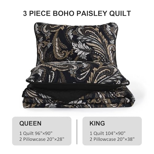 WONGS BEDDING Boho Quilt Set King,Black Paisley Floral Pattern Bedspread Coverlet Set with 2 Pillowcases,3 Piece Lightweight Microfiber Bohemian Quilt Bedding Set 104"×90" WONGS BEDDING