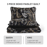 WONGS BEDDING Boho Quilt Set King,Black Paisley Floral Pattern Bedspread Coverlet Set with 2 Pillowcases,3 Piece Lightweight Microfiber Bohemian Quilt Bedding Set 104"×90" WONGS BEDDING