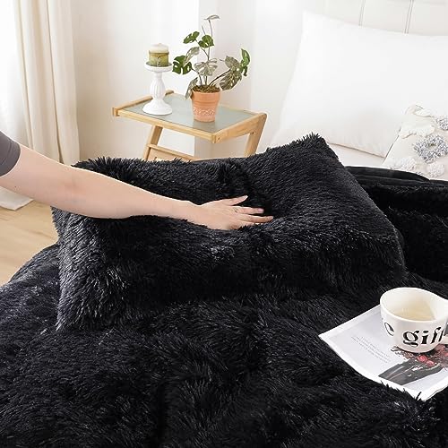 Smoofy Fluffy King Size Comforter Set, Faux Fur Black Comforter Set, Luxury Fuzzy King Bedding Set, Soft Shaggy Bed Set for All Season, 3 Pieces - 1 Comforter & 2 Pillowcases, Smoofy
