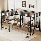 Harper & Bright Designs Twin Size Metal Loft Bed with Two Built-in Desks, L-Shaped Loft Bed with Two Ladders for Kids Teens, Black Harper & Bright Designs