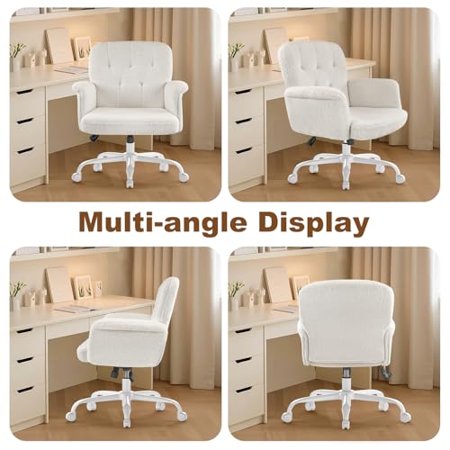 Keratee Teddy Fleece Office Chair, Comfy Home Office Desk Chair with Adjustable Height & 360° Swivel, Ergonomic Computer Chair for Long Hours, Multi-Functional Vanity/Makeup Chair, White Keratee