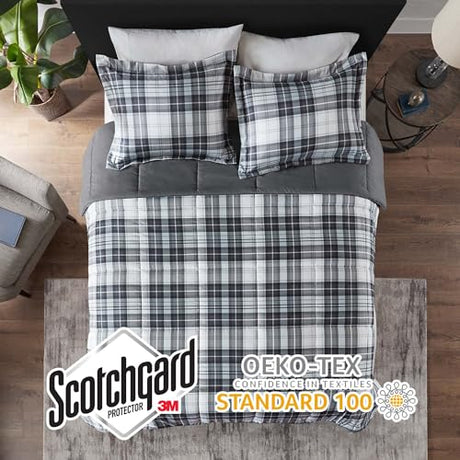 Madison Park Essentials Parkston Plaid Comforter, Matching Sham, 3M Scotchguard Stain Release Cover, Hypoallergenic All Season Bedding-Set, Full/Queen, Black, 3 Piece Madison Park