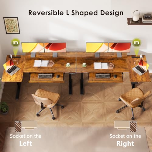OffiGo 55 Inch L Shaped Electric Standing Desk with Keyboard Tray, Reversible Height Adjustable Corner Computer Desk with Monitor Stand, Sit Stand Up Lift Table for Home, Office, Rustic Brown OffiGo