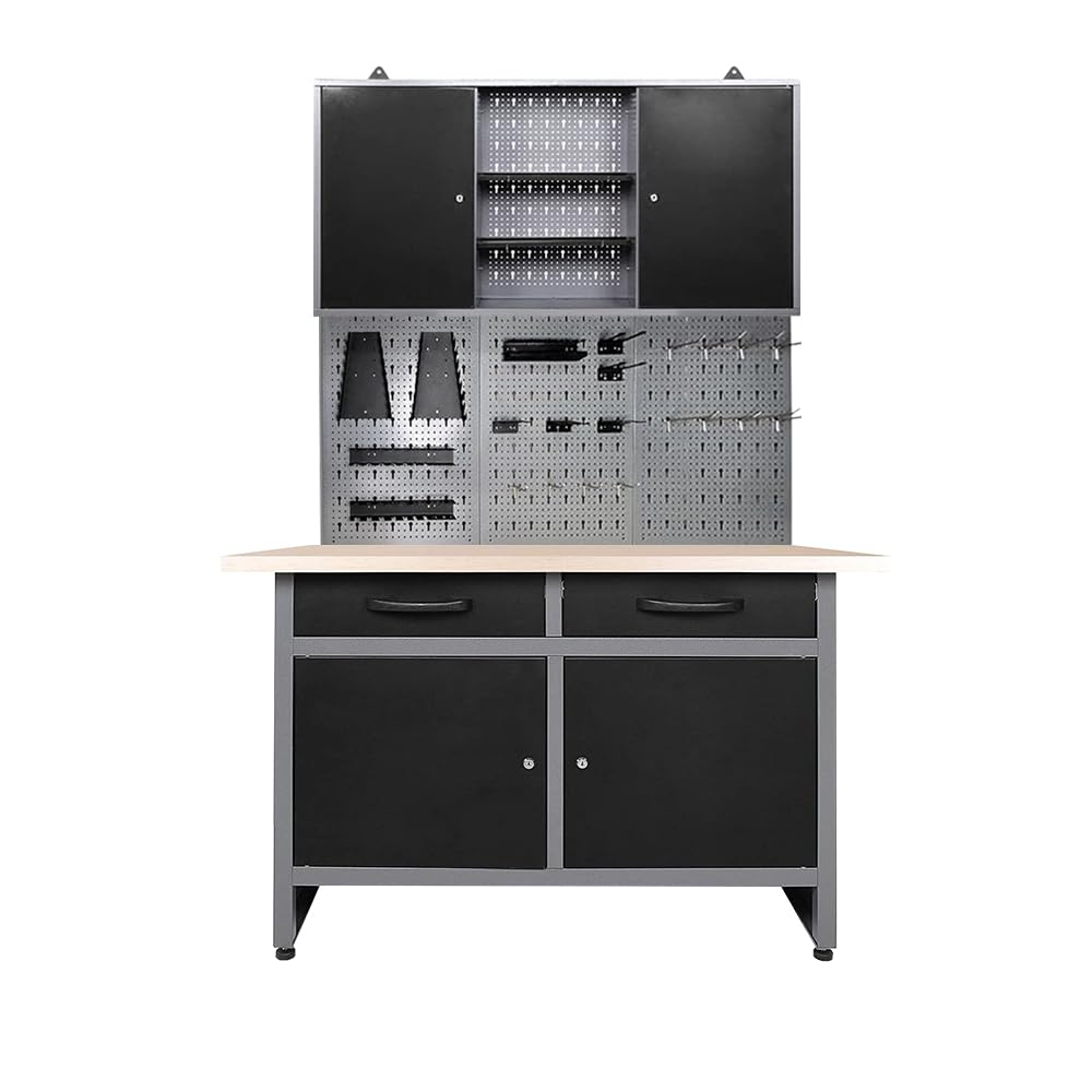 Industrial Steel Garage Storage Cabinet System, Included Pegboard Wall Cabinet Wood Table Top, for Auto Repair Shops, Utility Room JZD