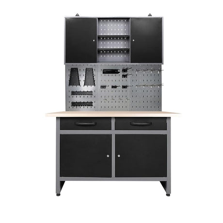Industrial Steel Garage Storage Cabinet System, Included Pegboard Wall Cabinet Wood Table Top, for Auto Repair Shops, Utility Room JZD