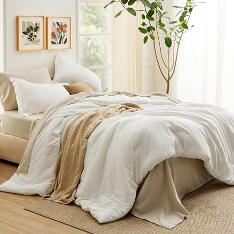 Bedsure King Size Comforter Set - 7 Pieces White King Bedding Set for All Seasons, Boho Contrasting Design Bed in a Bag with Comforter, Sheets, Pillowcases & Shams Bedsure