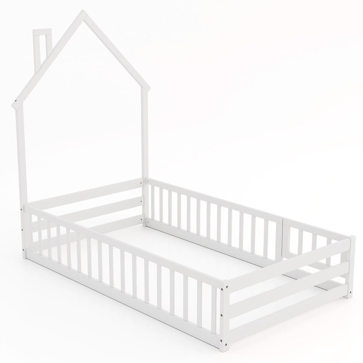 GORELAX Twin Floor Bed, Montessori House Bed, Floor Kid House Bed Frame with Fence, No Box Spring Needed, Wood Twin Size Platform Bed Frame for Boys, Girls (White) GORELAX