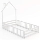 GORELAX Twin Floor Bed, Montessori House Bed, Floor Kid House Bed Frame with Fence, No Box Spring Needed, Wood Twin Size Platform Bed Frame for Boys, Girls (White) GORELAX
