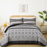 WONGS BEDDING Boho Quilt Set King, Bohemian Black Striped Patchwork Bedspread Coverlet Set with 2 Pillowcases,Lightweight Microfiber Floral Bedding Set 104"×90" WONGS BEDDING