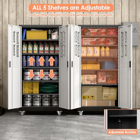 Aobabo 71" H×32" W×16" D Metal Storage Cabinet with Wheels, Garage Steel Storage Cabinet with 5 Adjustable Shelves and 4 Hooks for Home Office,Kitchen, Black Silver,Assembly Required Aobabo