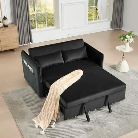 HKYYUANQI Velvet Small Loveseat Lounge Couches, 3 in 1 Convertible Sleeper Futon Sofa Bed with Reclining Backrest and Side Pockets for Living Room, Pull-Out Couch HKYYUANQI