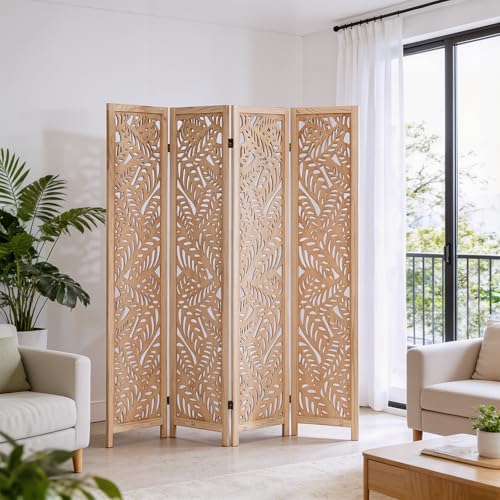 Leaf-Carved Room Divider Folding Privacy Screen, 67 Inch Tall Wooden Carved Room Divider, Portable Divider for Room Separation, Boho Room Partitions for Home Office (Natural) ZFFURN