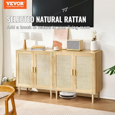 VEVOR Rattan Buffet Cabinet with Storage, 4 Magnetic Doors and Adjustable Shelves, Sideboard for Hallway, Living Room, Kitchen, Natural VEVOR