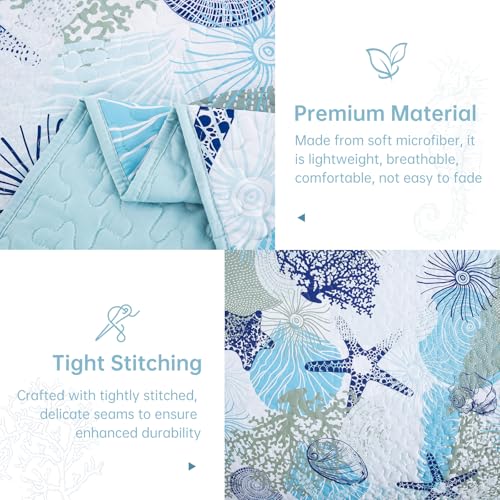 Dinjoy Coastal Quilt Set Twin Size, Blue Ocean Beach Themed Bedding Set Coral Seashell Conch Starfish Pattern Microfiber Lightweight Summer Bedspread Coverlet Bed Set All Season(68x86 Inch) Dinjoy
