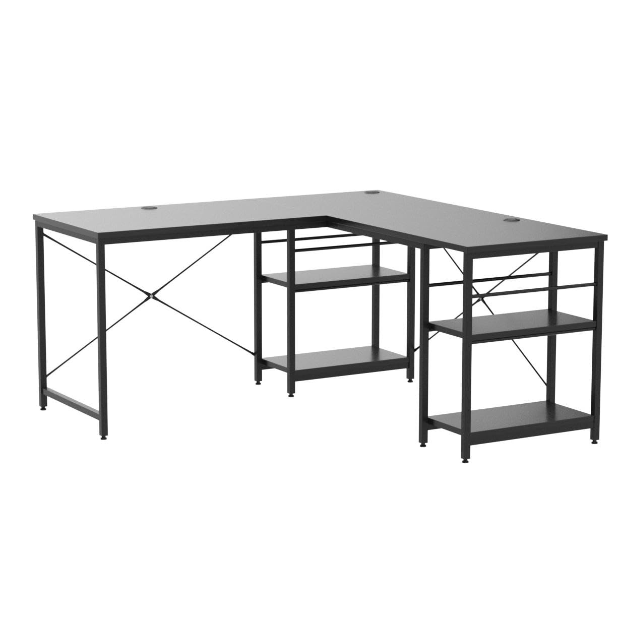 Bestier 95.2” L Shaped Desk, Reversible Corner Computer Desk or 2 Person Long Table with Adjustable Shelves, Large Writing Study Workstation with 3 Cable Holes - Black