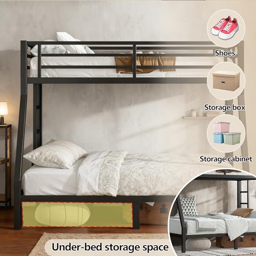 Bellemave Twin Over Full Bunk Bed with Ladders, Metal Bunk Beds Frame with Full-Length Guardrails, Heavy-Duty Bunkbed for Bedroom, Guest Room, Dorms, Noise-Reduce and No Spring Box Needed, Black Bellemave