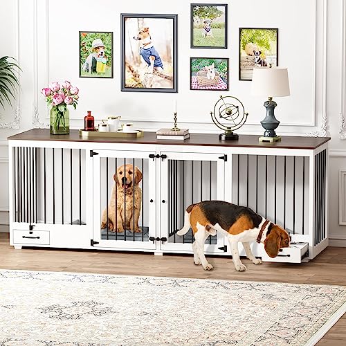 DAWNSPACES Furniture Style Large Dog Crate for 2 Dogs, 86.6" Heavy Duty Wooden Dog Kennel with Dog Bowl Drawers & Divider, Indoor Furniture Style Dog Kennel for Large Medium Dogs, White DAWNSPACES