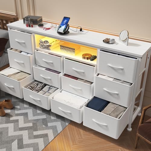 WODRAWER TV Stand Dresser for Bedroom with 12 Drawers for 60" TV, Fabric Drawers Entertainment Center with Power Outlets & LED Lights & Open Shelves, Long Dresser for Console, Living Room WODRAWER