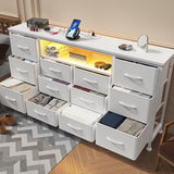 WODRAWER TV Stand Dresser for Bedroom with 12 Drawers for 60" TV, Fabric Drawers Entertainment Center with Power Outlets & LED Lights & Open Shelves, Long Dresser for Console, Living Room WODRAWER