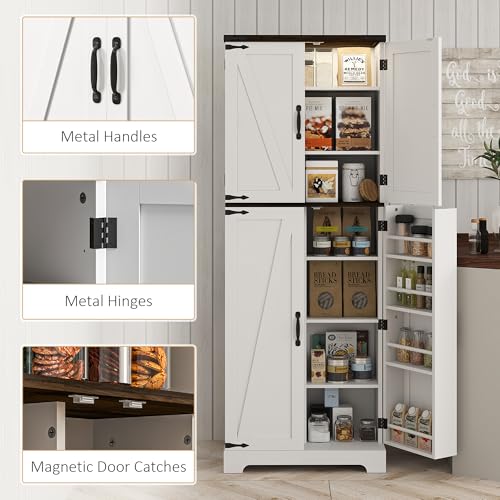 HOMCOM 64" Kitchen Pantry Cabinet with LED Motion Sensor Light, Farmhouse Tall Storage Cabinet with Adjustable Shelves, Cupboard for Living Room, Dining Room, White HOMCOM