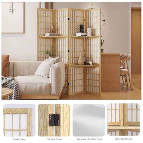Room Divider with Shelves, 66.9-Inch Tall Japanese Shoji Style Wood Screen with Double Hinges for Home Office Bedroom Hotel Decoration (4 Panels, Natural) Svimi