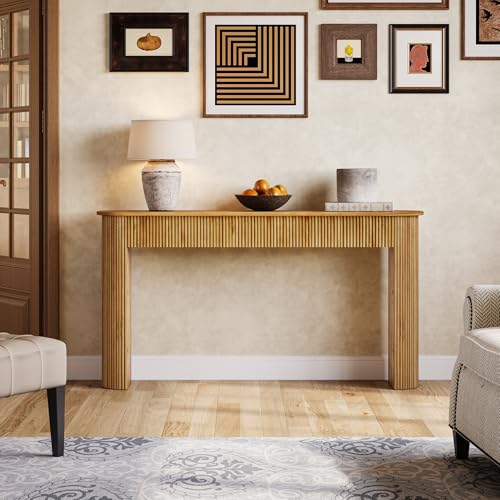 TRIBEWOOD Solid Wood Console Table, 63" Long Retro Entryway Table with Vertical Fluted Stripes and Wide Solid Wood Legs, for Living Room, Hallway, Behind Sofa, Next to Entrance TRIBEWOOD