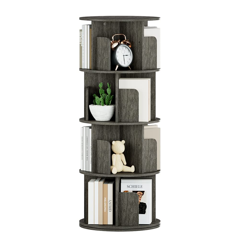 OTK 360° Rotating Bookshelf - 4 Tier Wooden Corner Bookcase in Black Oak for Small Spaces OTK